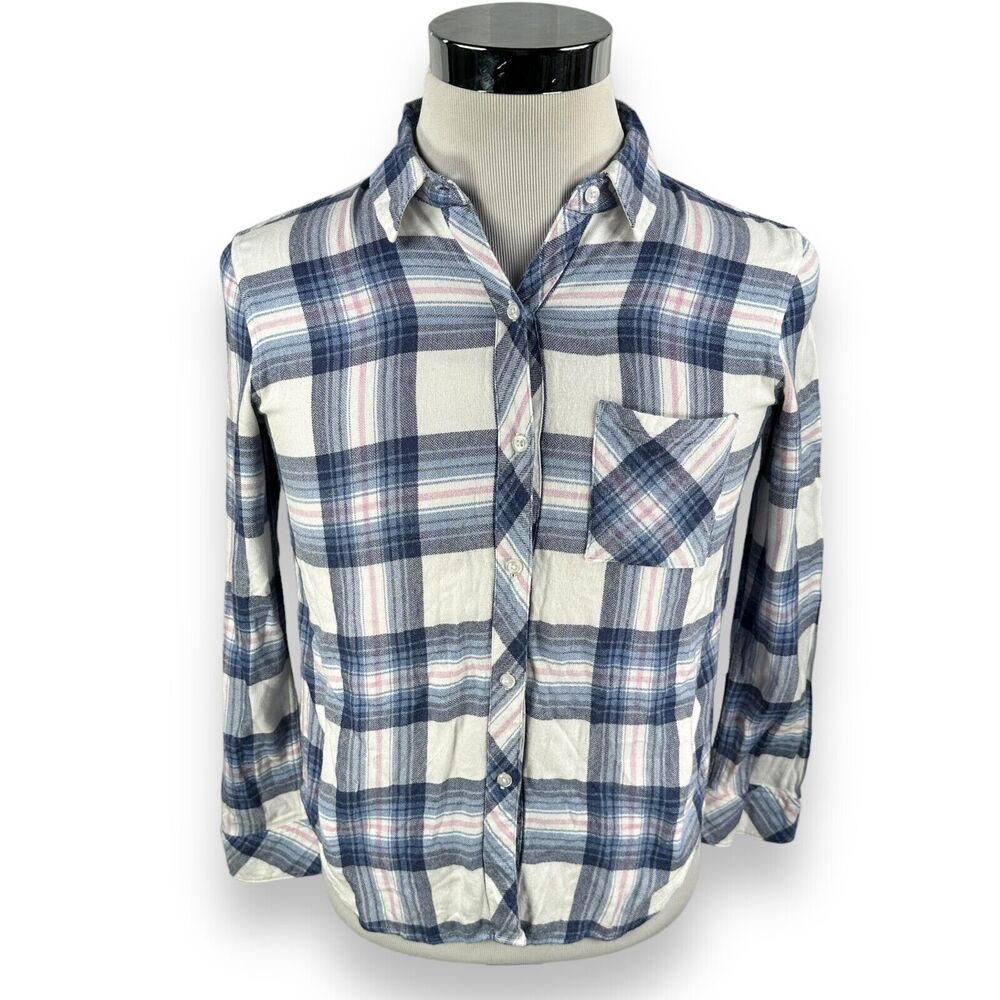Rails Shirt Women's Small Blue White Flannel Windowpane Plaid‎ Rayon Button Up